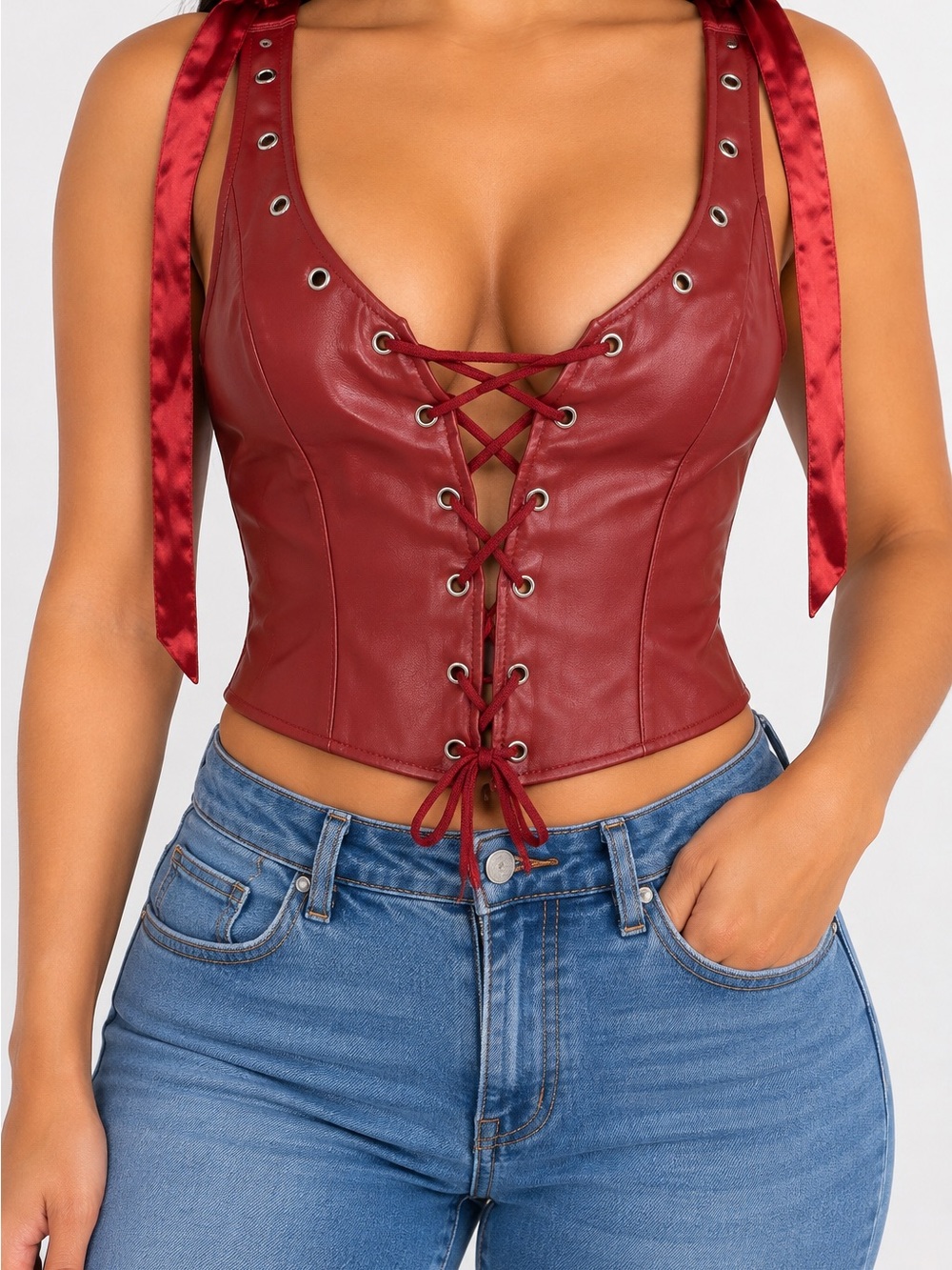 Burgundy Faux Leather Lace-Up Corset Top with Ribbon Shoulder Ties – XL